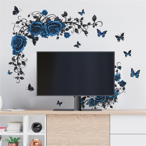 Blue Rose Flowers Wall Decals Floral Vine Wall Stickers Butterfly Wall Art Decor for Living Room Bedroom Sofa TV Wall Decoration