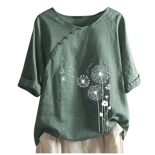 Summer Women Cotton Linen Tshirt Tops Casual Dandelion Loose Fit Tunic Tees Short Sleeve Plus Size Button Blouses Green