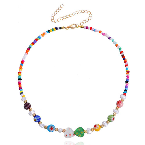 Bohemian Mushroom Beaded Choker Necklace for Women Handmade Colorful Seed Beaded Mushroom Choker Summer Y2k Trendy Jewelry Gifts for Teens Girls (Butterfly Bead Choker)