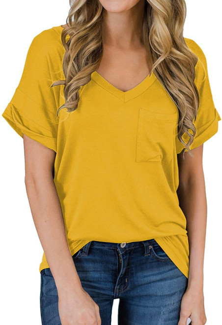 Women's Short Sleeve Basic T-Shirts Summer Casual Loose V Neck Tunic Blouse Tops (Yellow, Small)