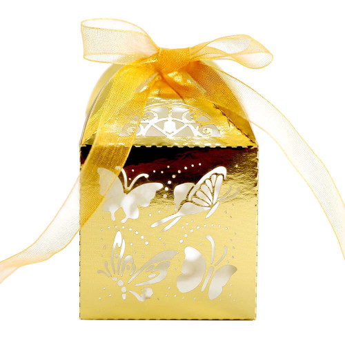 50 Pack Butterfly Favor Boxes Candy Gift Boxes with Ribbons Wedding Party Favor Candy Boxes Birthday Party Baptism Party Favor Box for Bridal Shower Anniverary Wedding Decoration, Reflective Gold