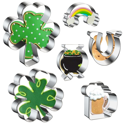 St. Patrick's Day Cookie Cutter, 6 Pcs Cookie Cutters Mold Set Shamrock, Four Leaf Clover, Leprechaun Coin, Beer, Rainbow, and Horseshoe Stainless Steel Biscuit Cutters for Party Supplies Decorations