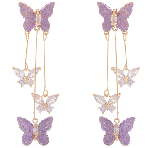 Purple Butterfly Earrings Crystal Rhinestone Drop Earrings Tassel Style Zircon Earrings for Women Girls Long Pearl Dangle Earrings Wedding Jewelry for Women (Butterfly-Purple)