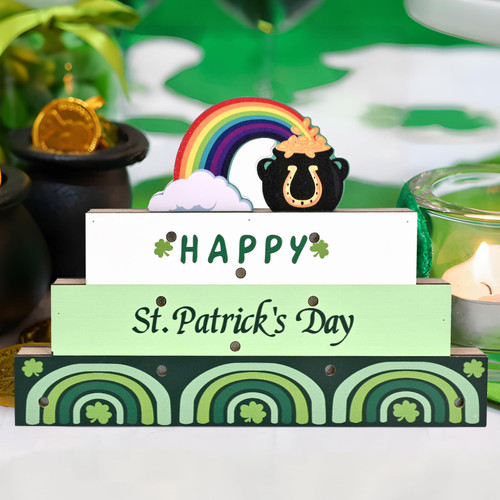 St Patricks Day Wooden Block Sign with LED lights, Happy St Patrick's Day Rainbow Wood Block Decor Gifts for Lucky Irish Shamrock Wishes Farmhouse Green Table Decorations