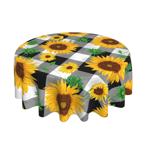 Sunflower Tablecloth Black and White Checkered Tablecloth Floral Round Tablecloth 70 Inch Washable Reused Picnic Table Cover Holiday Party Dining Kitchen Decor