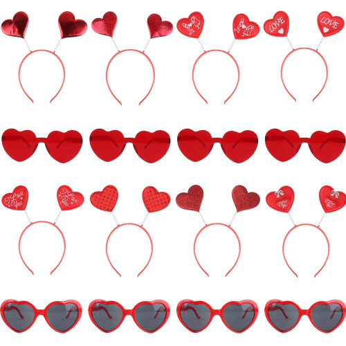 16 Pack Valentines Heart Head Boppers Headbands Red Heart Hair Hoop and Heart Shape Sunglasses for Valentines Day Wedding Anniversary Birthday Party Supplies Photo Props