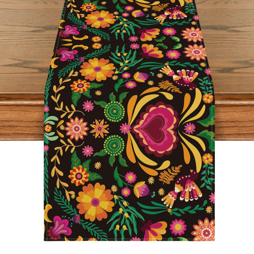 Black Fiesta Mexico Dia De Los Muertos Cinco De Mayo Table Runner, Mexican Holiday Kitchen Dining for Home Party Decor 13x72 Inch