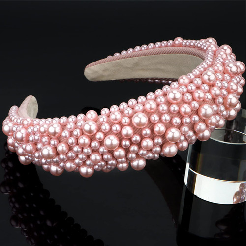 Pink Pearl Headbands for Women Girls, Cute Puffy Padded Headband with Faux Pearl for Wedding Bride Fashion, Wide Thick Beaded Bling Hairbands Hair Hoop Accessories for Birthday