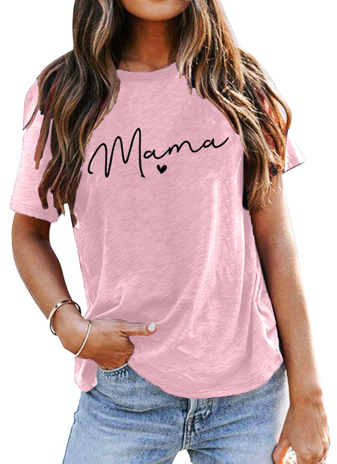 Mama Shirt for Women Mama Letter Print T-Shirt Funny Mama Graphic Tees Casual Short Sleeve Mom Life Tops Tee Baby Pink