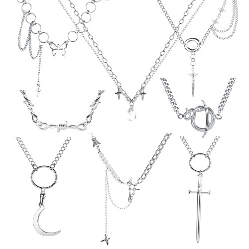 8Pcs Grunge Necklace Set Cool Y2k Grunge Jewelry Goth Butterfly Thorns Gothic Snake Sword Chain Choker Necklace for Women Egirls Y2k Accessories