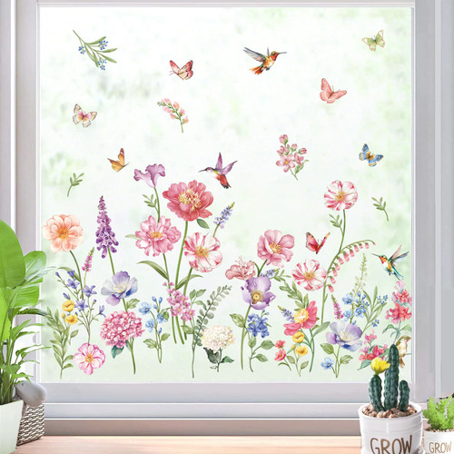 Spring Garden Flower Window Clings Double Sided Wildflower Butterflies Grass Easter Window Decals Anti-Collision Glass Window Doors Window Stickers Gifts for Her