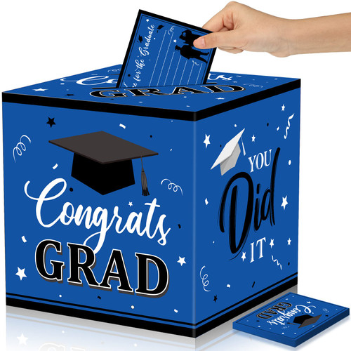 Graduation Card Box with 30 Pcs Advice Cards Congrats Grad Gift Card Box Class of 2024 Card holder Box Graduation Party Card Box Holder for School College Graduation Party(Blue, Grad)