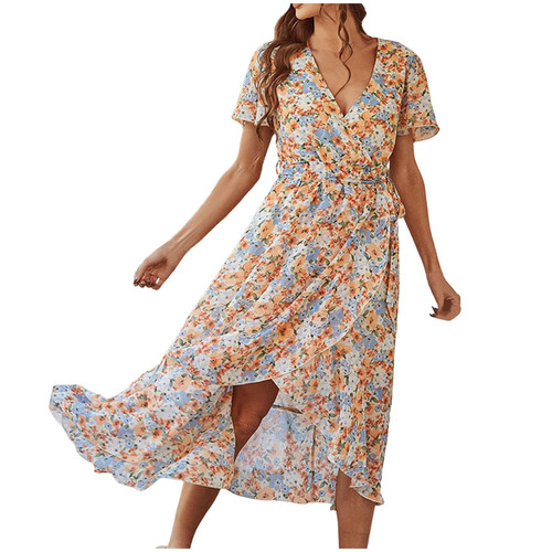 Floral Dress for Women, Short Sleeve Wrap V Neck Ruffle Sundresses High Waisted Belted Boho Dresses A-Line Flowy Maxi Dresses Cruise Outfits