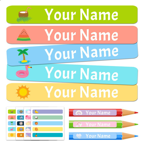 Name Stickers for Kids Personalized 100 Pcs Custom Labels Waterproof School Supplies Name Tag Stickers for Daycare Bottles Pencil Stationery-Summer