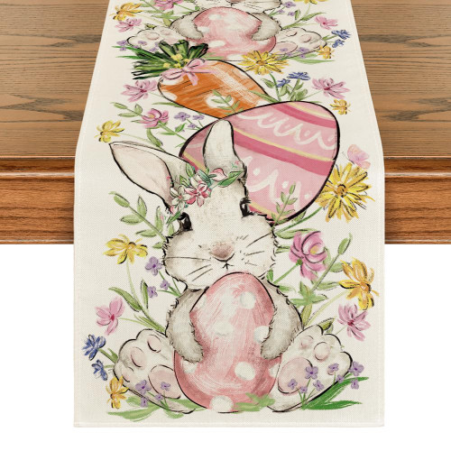 Bunny Rabbit Egg Flower Easter Table Runner, Seasonal Spring Kitchen Dining Table Decoration for Home Party Decor 13x72 Inch Bunny Rabbit Egg Flower Easter Table Runner, Seasonal Spring Kitchen Dining Table Decoration for Home Party Decor 13x72 Inch