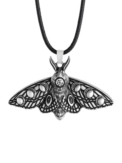 Moon Phase Moth Pendant Necklace, Faux Leather Cord Wiccan Moth Jewelry Gift for Women