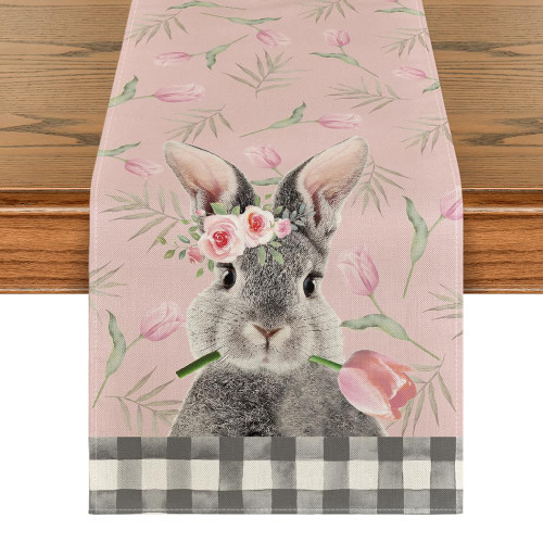 Pink Bunny Rabbit Tulip Flowers Easter Table Runner, Seasonal Spring Kitchen Dining Table Decoration for Home Party Decor 13x72 Inch Pink Bunny Rabbit Tulip Flowers Easter Table Runner, Seasonal Spring Kitchen Dining Table Decoration for Home Party Decor 13x72 Inch