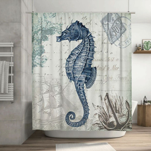 Seahorse Hippocampus Shower Curtain Nautical Anchor Shower Curtain Beach Coastal Blue Sea Bathroom Shower Curtain Ocean Animal Bathroom Decor Shower Curtain with Hooks Waterproof Fabric 60x72Inch
