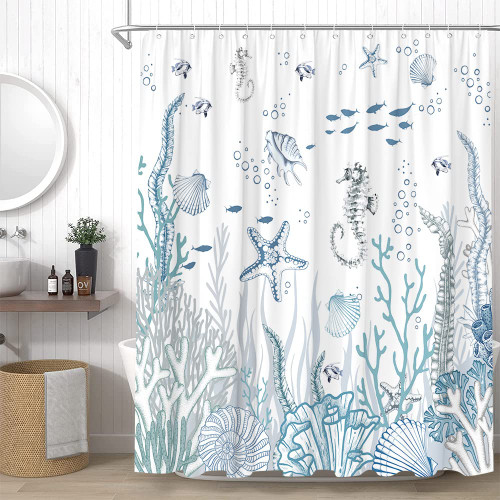 Nautical Coastal Shower Curtain Ocean Beach Seahorse Starfish Seashell Coral Bathroom Decor Curtains Set with Hooks, 70" x 70"