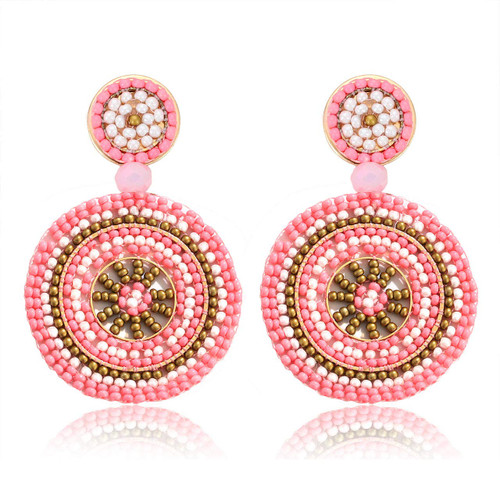 Beaded Drop Earrings for Women Handmade Colorful Bead Earrings Bohemia Hoop Dangle Earring for Girls (F Pink)