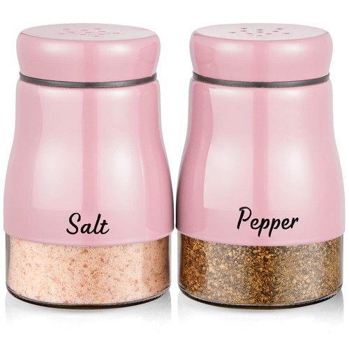 Pink Salt and Pepper Shakers Set, 5 oz Stainless Steel Salt and Pepper Dispenser with Glass Bottom, Cute Salt and Pepper Shakers for Pink Kitchen Decor and Accessories, Easy Filling