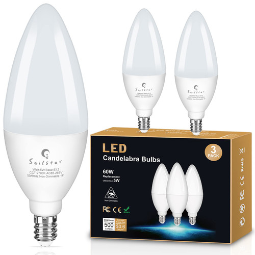 E12 LED Bulb 60W Equivalent, 500 Lumens, Ceiling Fan Light Bulbs Soft White 2700K, Type B Light Bulb 5W, CRI 85, B11 Small Base Candelabra LED Light Bulbs, Non-dimmable, Pack of 3