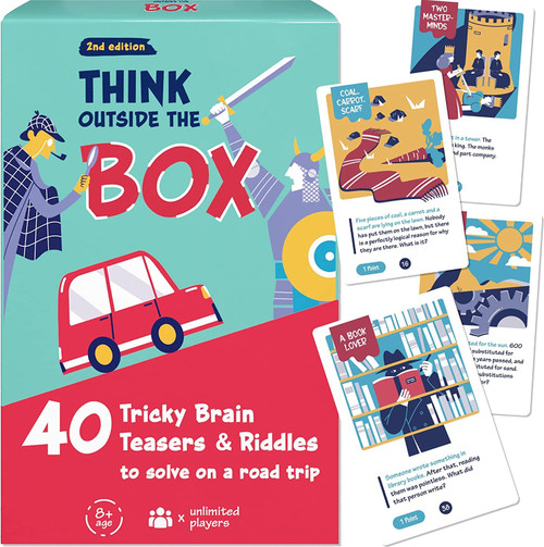 Travel Game - Think Outside The Box - 40 Puzzles to Solve on a Road Trip | Travel Game for Adults & Kids | Car Game for Families and Friends Travel Game - Think Outside The Box - 40 Puzzles to Solve on a Road Trip | Travel Game for Adults & Kids | Car Game for Families and Friends