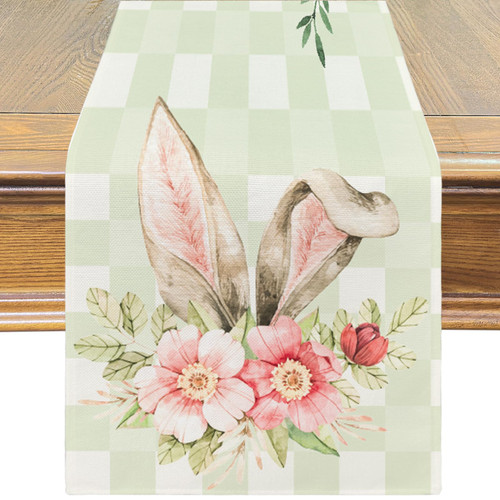 Table Runner Easter Decorations Buffalo Plaid Bunny Rabbit Ears Flower- Easter Table Runners Kitchen Dining Table Decoration for Home Party Decor 13 x 72 Inch (Green)