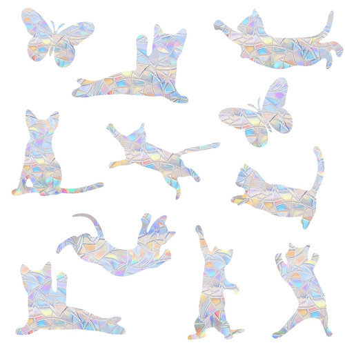 Cat Window Clings Cat Window Decals Cat Butterfly Window Clings Anti-Collision Window Decals to Save Birds Static Clings Prismatic Vinyl Window Clings Rainbow Stickers