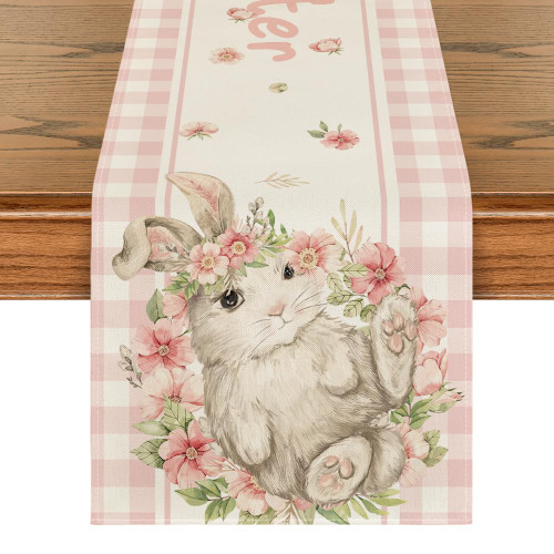 Pink Buffalo Plaid Bunny Rabbit Flower Easter Table Runner, Seasonal Spring Kitchen Dining Table Decoration for Home Party Decor 13x72 Inch Pink Buffalo Plaid Bunny Rabbit Flower Easter Table Runner, Seasonal Spring Kitchen Dining Table Decoration for Home Party Decor 13x72 Inch