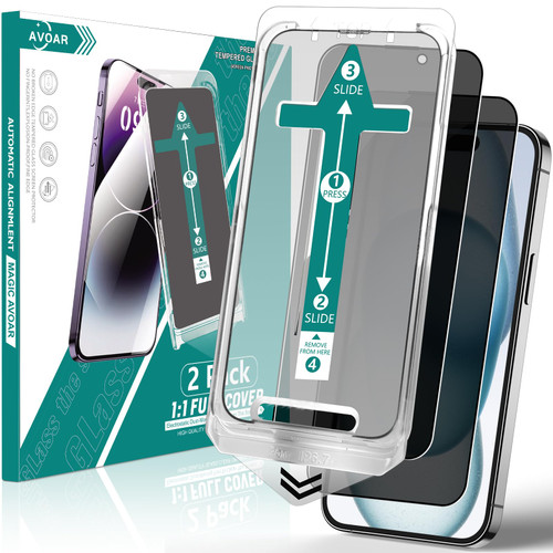 2 Pack Privacy Screen Protector for iPhone 15 Plus, [Auto-Alignment Kit] 6.7 Inch Tempered Full Screen Glass, Auto Dust-Elimination Installation, Anti-Spy, Bubble Free, Case Friendly