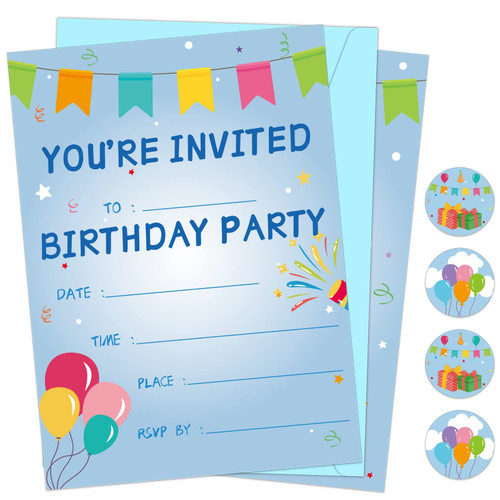 30 Pack Birthday Party Invitations Set with Envelopes, Boys Girls Kids Invite Cards, Multicolor