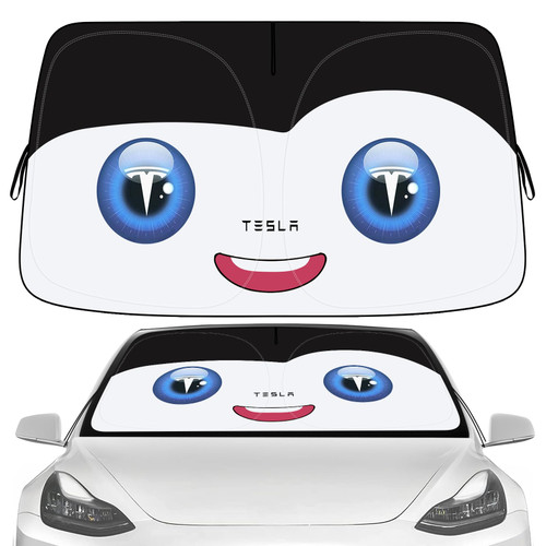 Tesla Windshield Sunshade, Front Car Window Sun Shade Cover for Tesla Model 3 Model Y, Foldable Sun Visor, Wear-Resistant Black Tape, Funny Design for Tesla Accessories (T Eye)