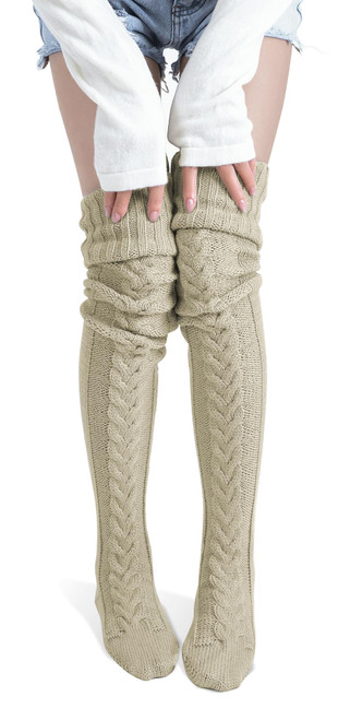 Women's Thigh High Socks Over the Knee Cable Knit Boot Socks, Long Warm Fashion Leg Warmers Winter(Khaki) Women's Thigh High Socks Over the Knee Cable Knit Boot Socks, Long Warm Fashion Leg Warmers Winter(Khaki)