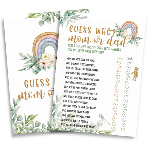 Eucalyptus rainbow Baby Shower Games - Guess Who Mom or Dad Game, 30 Game Cards, Baby Shower Games Gender Neutral-d167