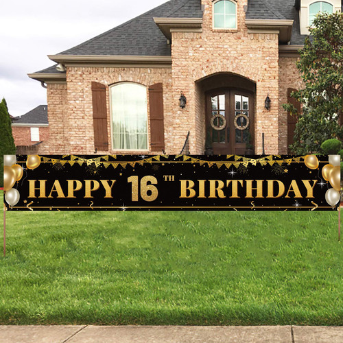 Large Happy 16th Birthday Decoration Banner, Black and Gold Happy 16th Birthday Banner Sign, 16th Birthday Party Decorations Supplies(9.8x1.6ft) Large Happy 16th Birthday Decoration Banner, Black and Gold Happy 16th Birthday Banner Sign, 16th Birthday Party Decorations Supplies(9.8x1.6ft)