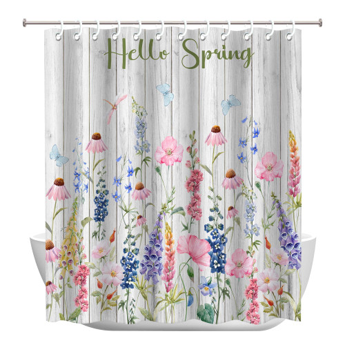 Spring Shower Curtain, Spring Decorations for Home, Floral Plant Watercolor Flower Bath Curtains, Waterproof Holiday Bathroom Shower Curtain Set with 12 Hooks 72 x 72 Inches