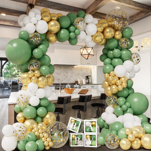 Sage Green Balloon Garland Arch Kit with Sage Green White Metal Gold and Confetti Balloons for Baby Shower Birthday Wedding Boy or Girl Gender Reveal Jungle Safari Party Decorations
