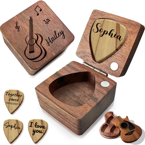Custom Guitar Picks Personalized Guitar Picks with Case Engraved Guitar Pick Holder Wooden Guitar Picks Box Customized Gifts for Him Her Boyfriend Son Friend Christmas Valentine's Day