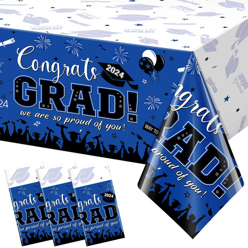 3 Pack Graduation Tablecloth Party Decorations, Class of 2024 Congrats Grad Plastic Tablecover Party Supplies, Blue Rectangle Graduation Table Decorations for College High School Party, 54 x 108 Inch