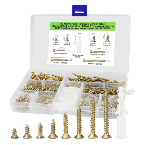 420pcs Low Self Tapping Wood Screw Fasteners Cross Drive Countersunk Head Self-Tapping Screws Thin Low Flat Wafer Head Self Tapping Wood Screw