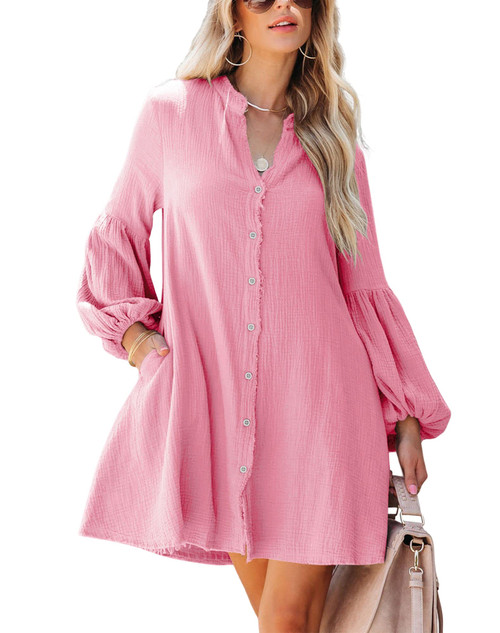 Women's Long Sleeve Button Down Tunic Dresses Causal V Neck Mini Dress with Pockets (Pink,Large,Adult,Female,US,Alpha,Large,Regular,Regular)