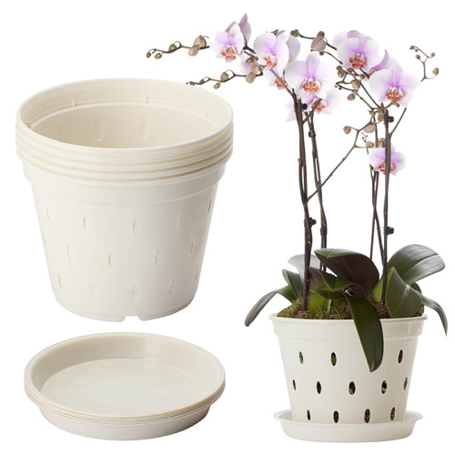 Orchid Pot,5 Pack 5.5 Inches Orchid Pots with Holes and Saucers,Breathable Clear Plastic Orchid Pots,Slotted Clear Orchid Pots for Indoor and Outdoor Flower Planting