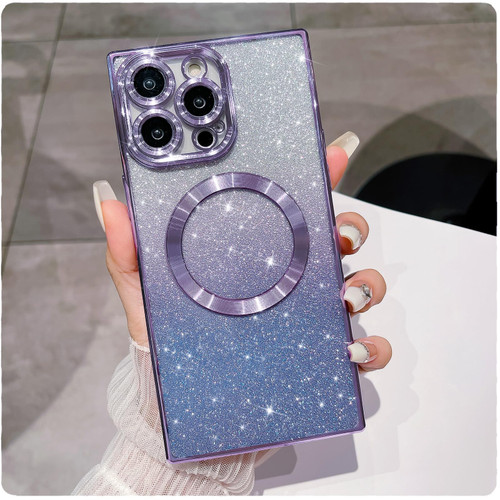 for iPhone 15 Pro Max Square Case, Compatible with MagSafe, Magnetic Glitter Case, Luxurly Cute Plated Bling Sparkly Phone Cases for iPhone 15 Pro Max for Women Girls, Light Purple
