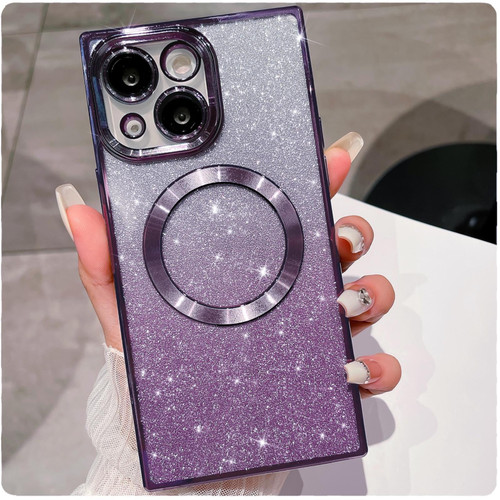for iPhone 15 Square Case, Compatible with MagSafe, Full Protection Magnetic Glitter Case, Luxurly Cute Plated Bling Sparkly Phone Cases for iPhone 15 for Women Girls, Purple