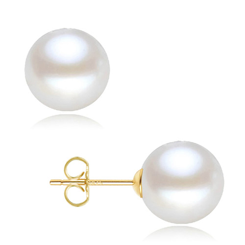 18K Gold Plated Sterling Silver Round Stud White Simulated Shell Pearl Earrings for Women Girls - 8mm