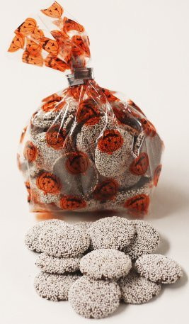 Semi-Sweet Chocolate Wafers with White Colored Non-Pareils in a 1 Pound Pumpkin Bag