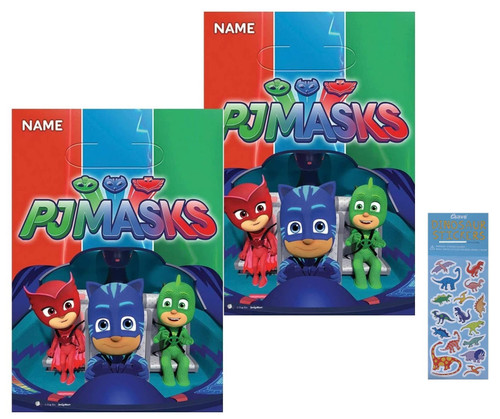 PJ Masks Birthday Party Supplies Bundle Pack includes 16 Party Favor Loot Bags and 1 Dinosaur Sticker Sheet
