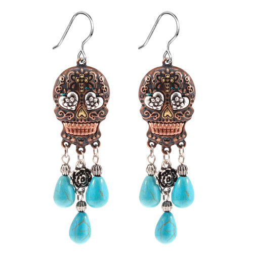 Turquoise Stone Dangle Skull Earrings for Women Antique Brass Vintage Goth Punk Skeleton Halloween Jewelry Gifts