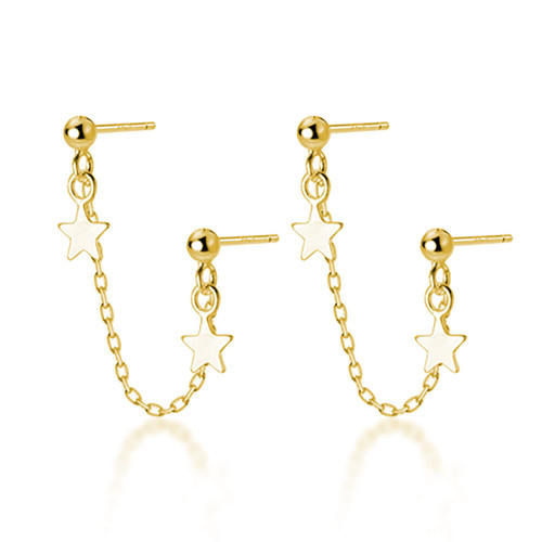 925 Sterling Silver Two Piercing Cute Ball Star Stud Chain Earrings Climber Ball Star Cuff Earrings Helix for Women Teen (Yellow)